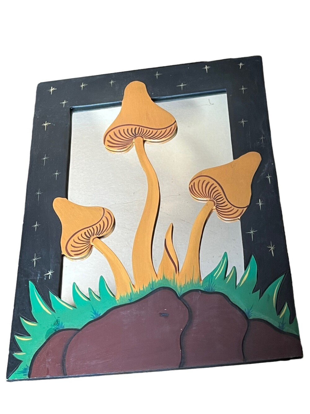 VTG Hand Carved Psychedelic Painted Wood Boho Hippie 16" X 12" Mushroom Mirror